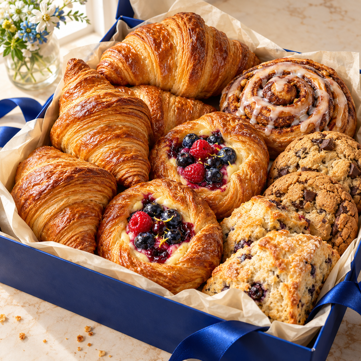 Styled pastry assortment with golden croissants, berry Danish, cookies, and scones in a blue gift box