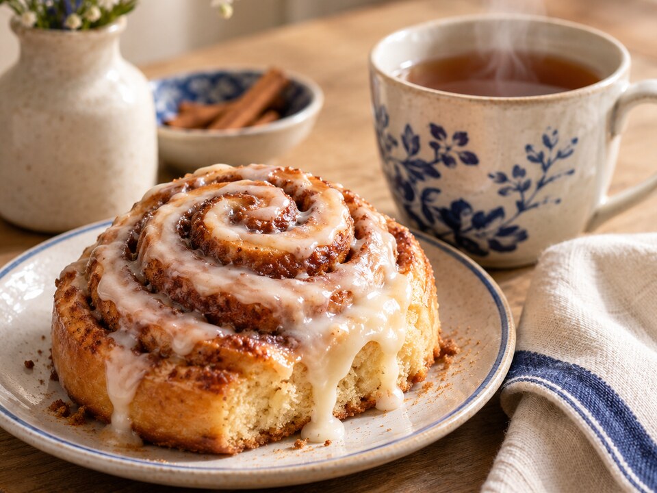 A comforting pastry and warm cup of tea