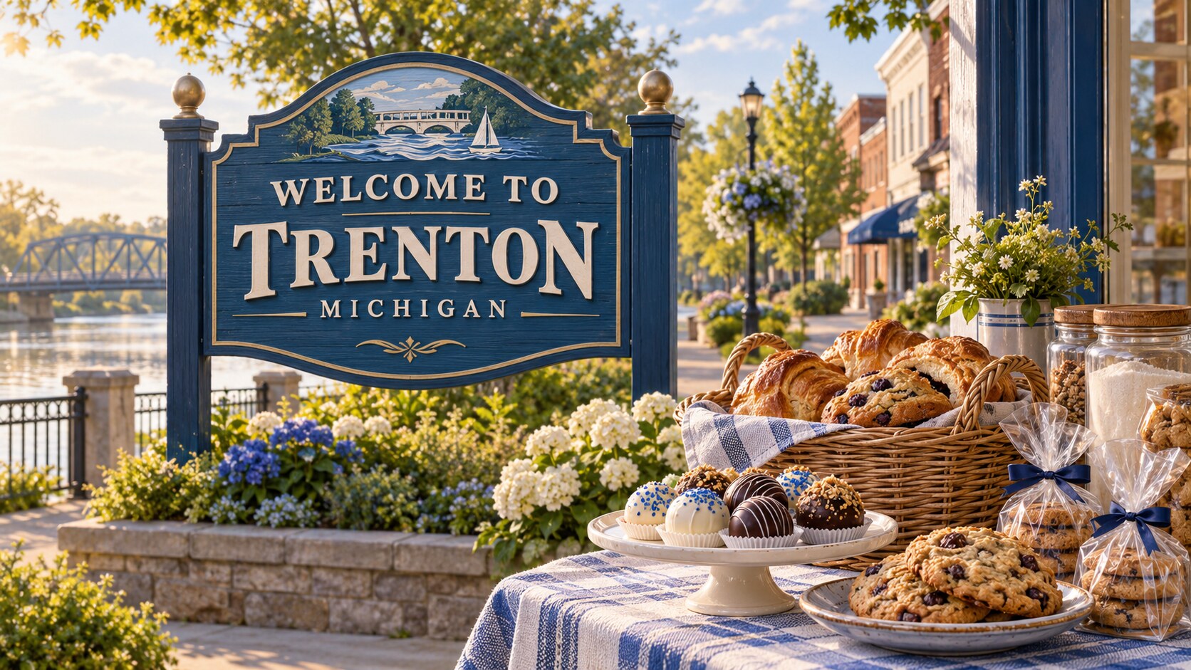Trenton-inspired illustration with a welcome sign and a display of bakery treats