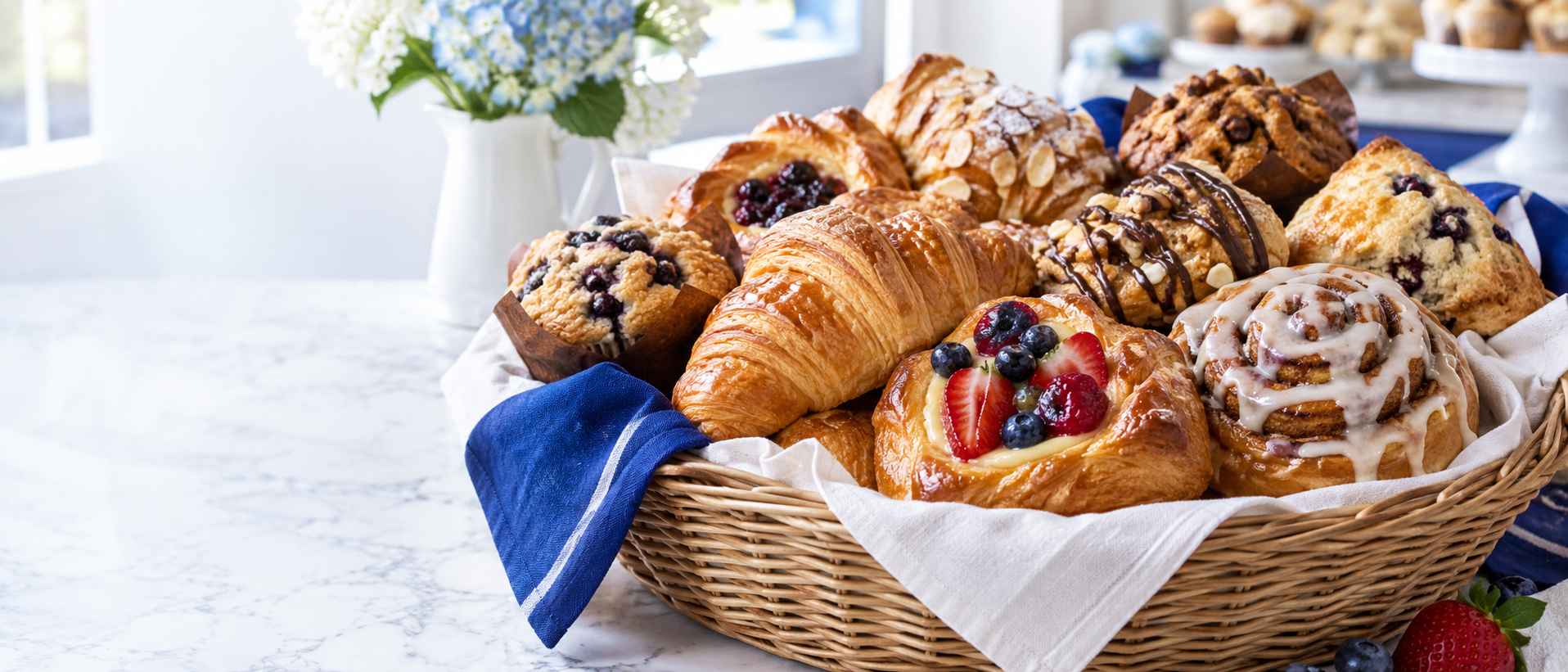 A generous River Q’s pastry tray with breads, muffins, cookies, and fruit tarts